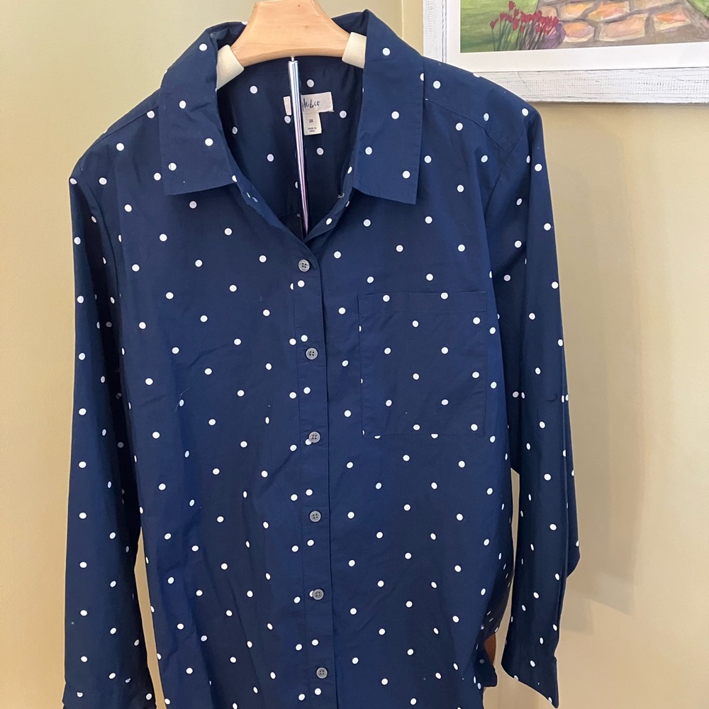 NWT Women’s navy polka dot blouse.